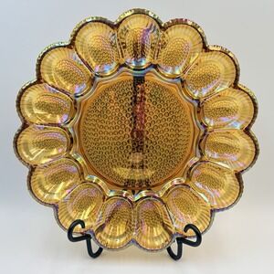 Vintage Indiana Glass Co. Amber Gold Iridescent‎ Hobnail Carnival Glass Egg Dish